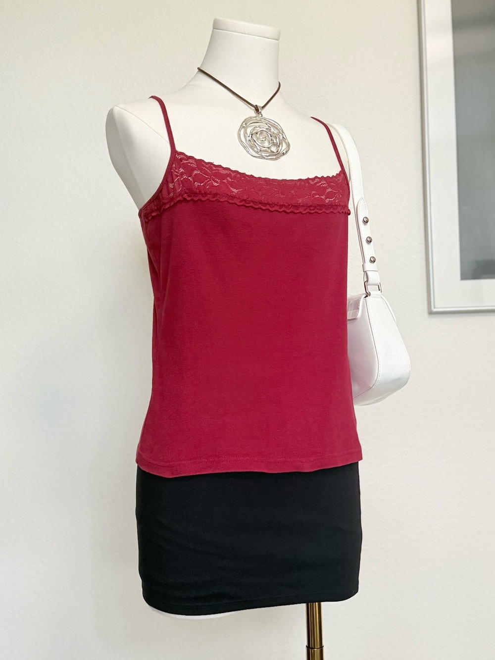 Vintage Square Neck Cami Lace Trim 90s Feminine Basics